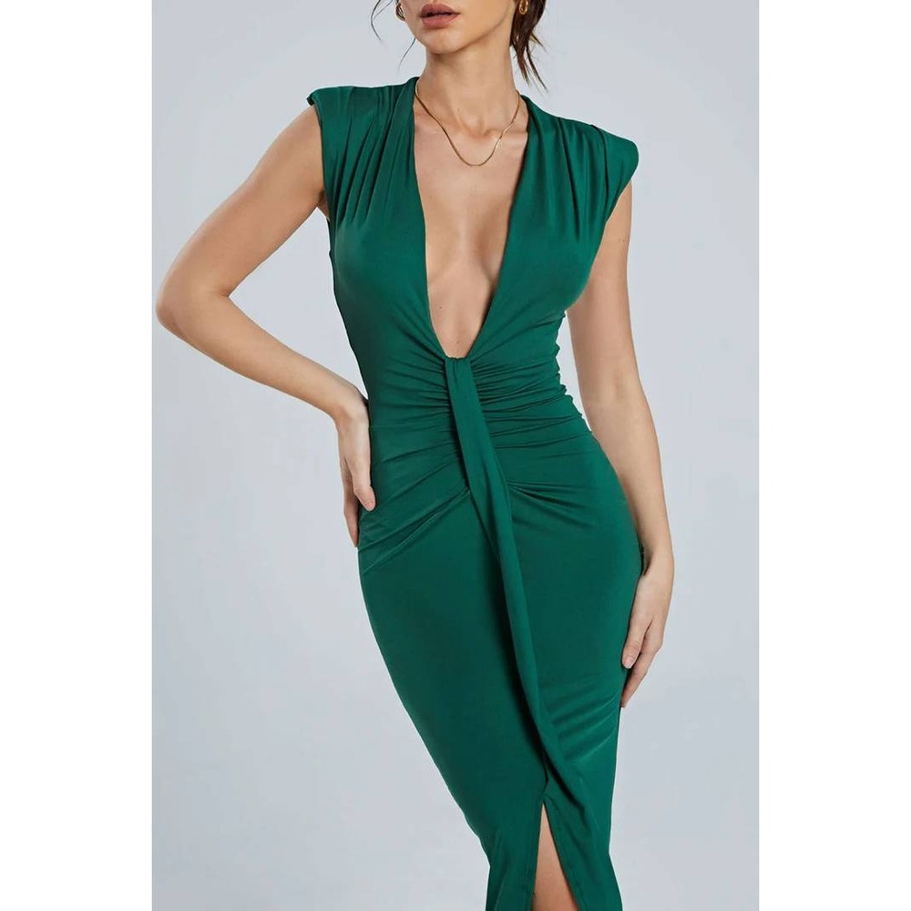 Micas Green Plunge Midi Dress Sleeveless Ruched Slit Party Cocktail‎ Size L
